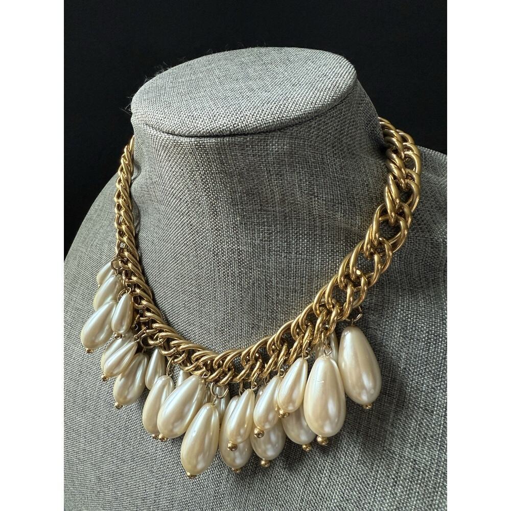 Vtg Goldtone Choker Necklace Cuban Link Chain Faux Pearls Classic Maximalist